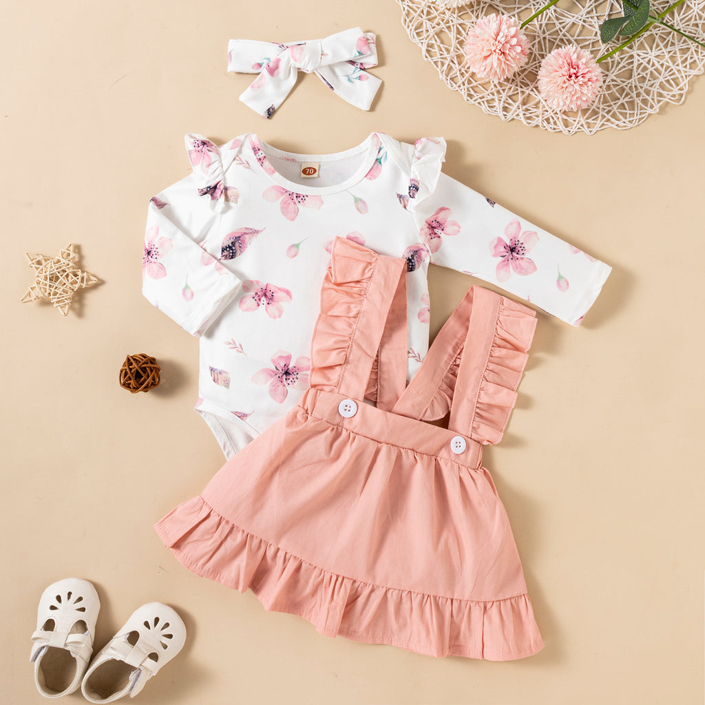 Long-sleeved Baby Girl Romper Two-color Strap Ruffled Dress Headdress Three Piece