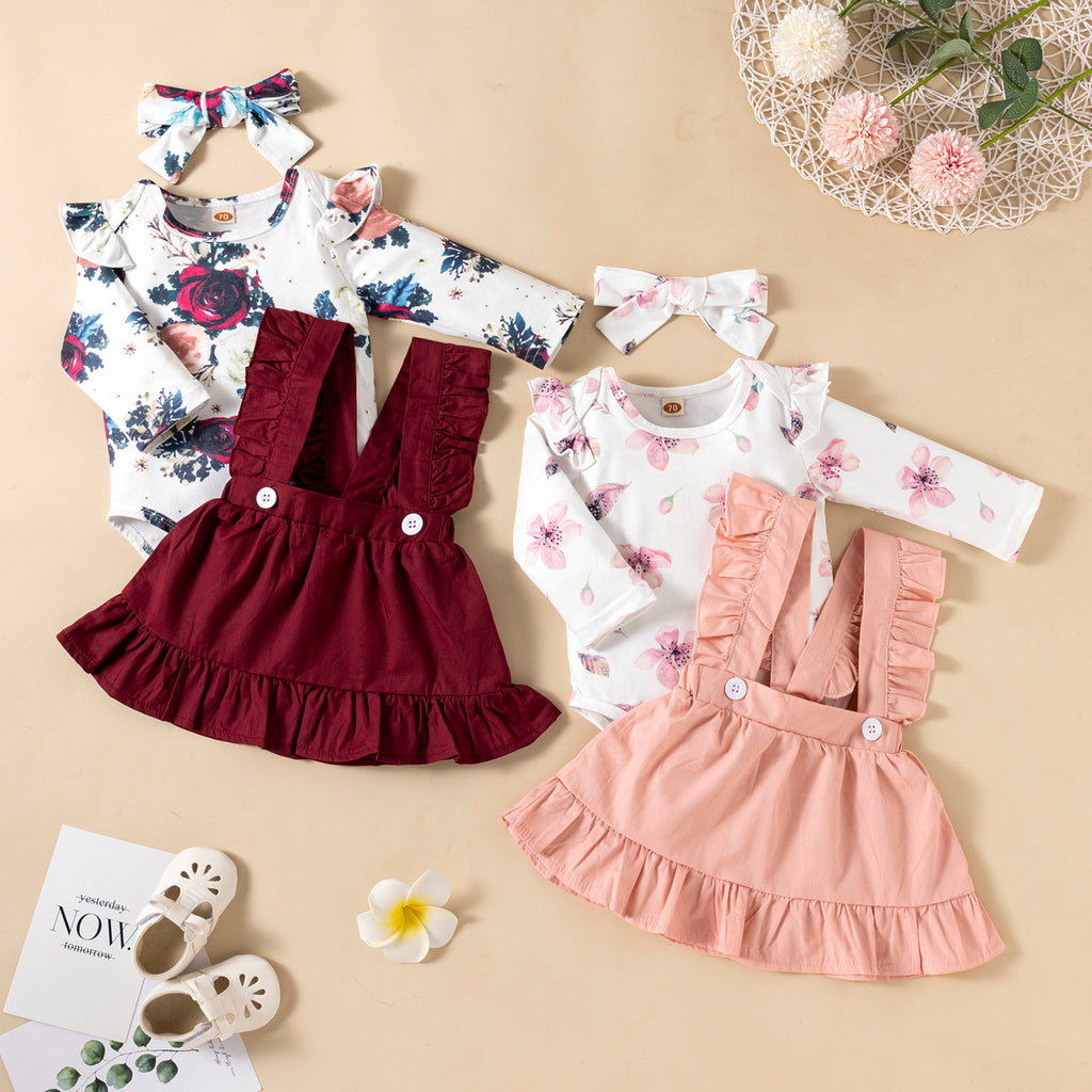 Long-sleeved Baby Girl Romper Two-color Strap Ruffled Dress Headdress Three Piece