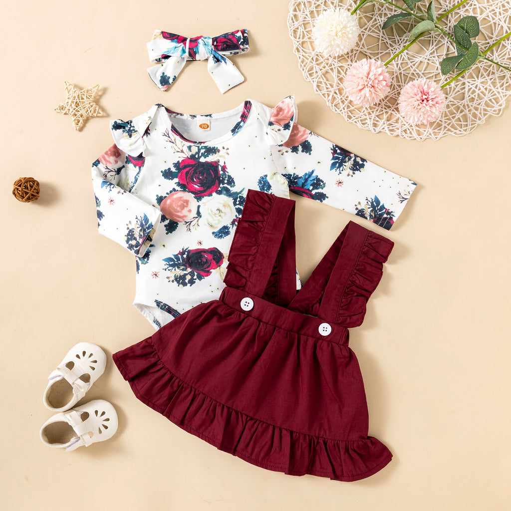 Long-sleeved Baby Girl Romper Two-color Strap Ruffled Dress Headdress Three Piece
